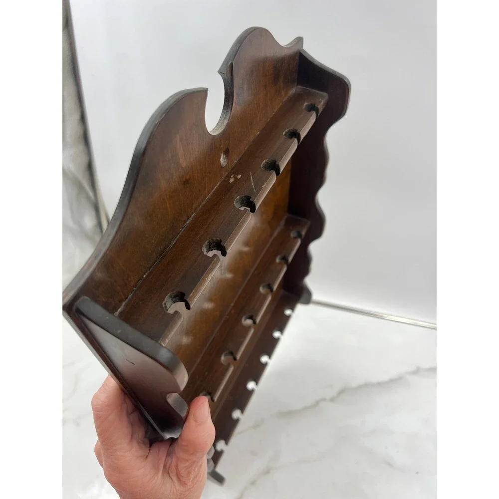 Vintage Pinetique Wood Spoon Rack 18 Slot Wall Display Scalloped Dark Walnut
